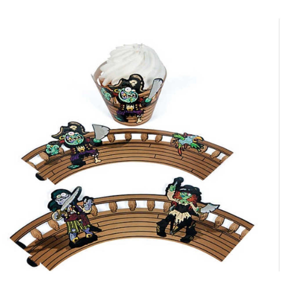 24 Pcs ZOMBIE‎ PIRATE CUPCAKE WRAPPERS Collars Halloween Birthday Decorations
